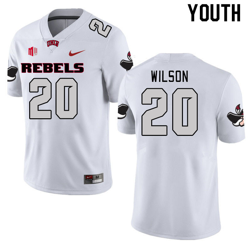 Youth #20 Jayvaun Wilson UNLV Rebels 2023 College Football Jerseys Stitched-White - Click Image to Close